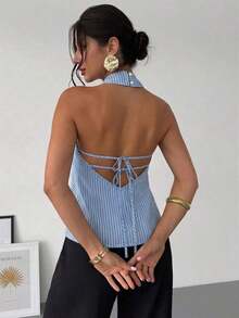 negra ajustada de estilo casual y elegante para la temporada de primavera/verano, con cuello asimétrico, sin mangas, escote halter, espalda descubierta y decoración de lazo - Azul y blanco - Ver 5