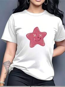 Camiseta de Cuello Redondo con Estampado de Estrella de Mar Rosa - Tela suave de 180g, adecuada para reuniones familiares y eventos corporativos, un regalo ideal para festivales de verano y salidas informales. Blusas Para Mujer Casual - Blanco - Ver 1