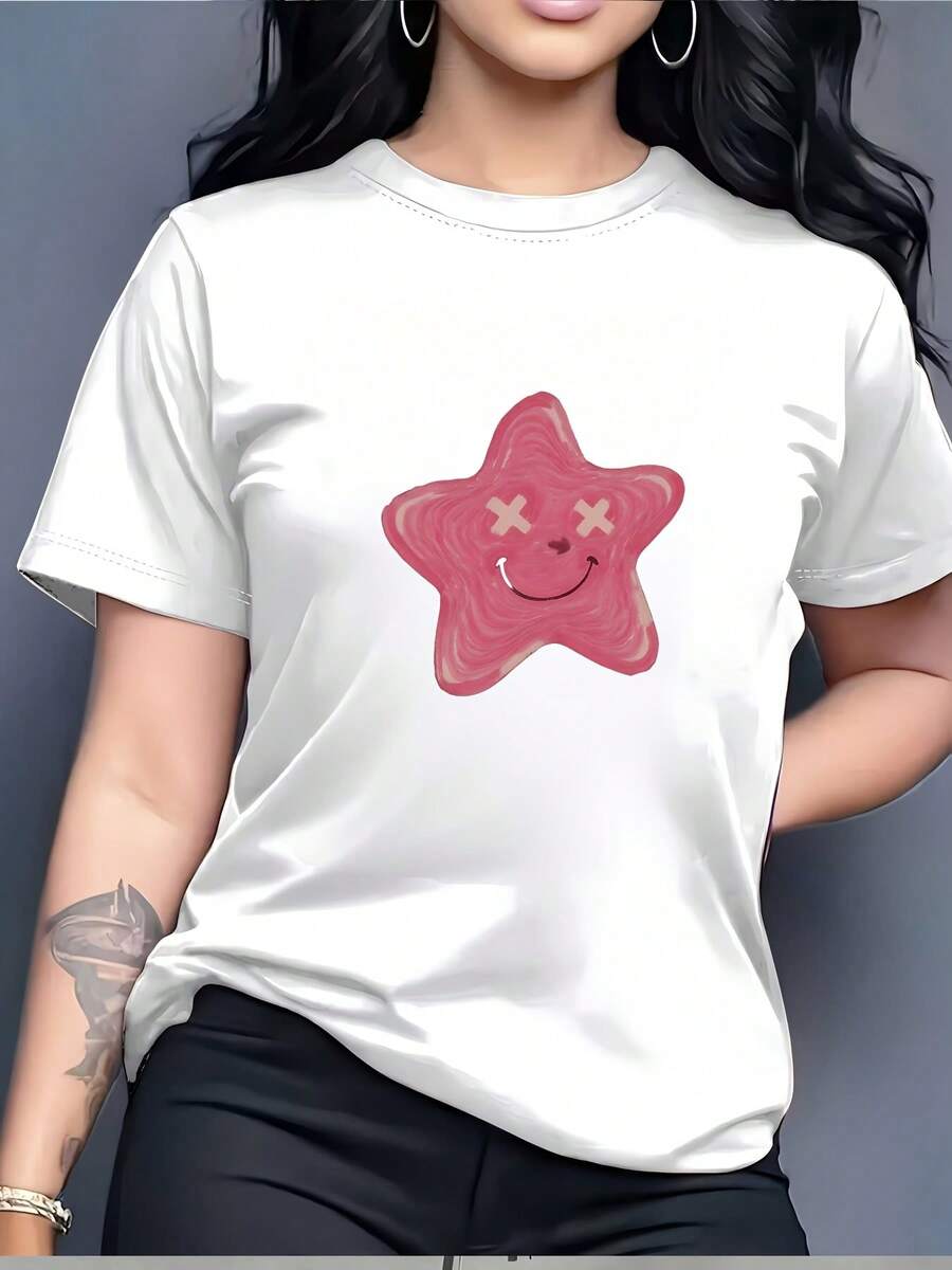 Camiseta de Cuello Redondo con Estampado de Estrella de Mar Rosa - Tela suave de 180g, adecuada para reuniones familiares y eventos corporativos, un regalo ideal para festivales de verano y salidas informales. Blusas Para Mujer Casual - Blanco - Ver 1
