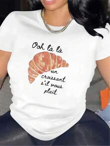 Camiseta de poliéster con diseño de croissant, para cafeterías y restaurantes, duradera y ligera, perfecta para uso diario, tela cómoda, top elegante y moderno para conjuntos casuales de mujer. - Blanco - Ver 1