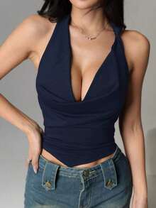Blusa de punto con cuello drapeado sexy en color borgoña para mujeres - Azul marino - Ver 6