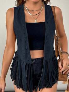 Chaleco/chaqueta de mujer talla grande con estilo boho y western, de unicolor con parches y flecos en el bajo, para usar en verano, otoño e invierno - Azul marino - Ver 4