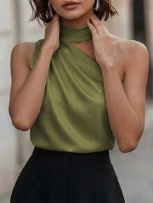 1 pieza Blusa elegante sin mangas de satén de unicolor con volantes asimétricos/asimétricos, adecuada para verano, vacaciones, oficina, hogar, uso diario, fiesta de cumpleaños, eventos formales y casuales - Verde militar - Ver 3
