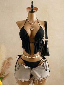 Bellisia Top de bikini de mujer de punto texturizado marrón con cuentas y piedras - Negro - Ver 7
