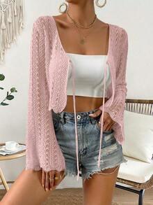 Cárdigan de punto calado de color liso casual para vacaciones - Rosa Pálido - Ver 6