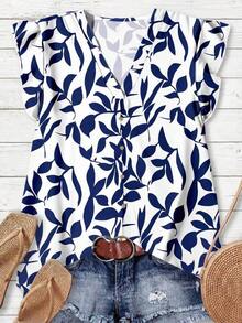 Camisa de mujer casual y minimalista con estampado botánico, adecuada para el verano - Azul y blanco - Ver 8
