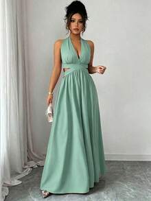 Elegante vestido sin mangas con cuello en V, diseño hueco en la cintura y pliegues, color morado, nueva llegada de primavera/verano - Turquesa - Ver 7