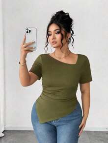 Camiseta de manga corta de cuello asimétrico para mujer talla grande, top ajustado versátil y elegante de alta gama, adecuado para primavera/verano - Verde militar - Ver 9