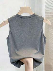 Top elegante de tirantes sin mangas de cuello redondo con contraste de color para mujer, verano - Gris - Ver 2