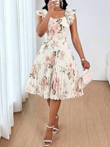Vestido mini de fiesta con estampado floral y pliegues a la moda para mujer - Multicolor - Ver 5