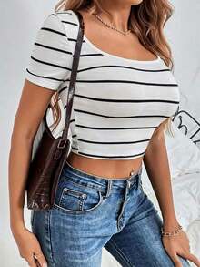 Camiseta corta de cuello redondo blanca con rayas de verano - Multicolor - Ver 3