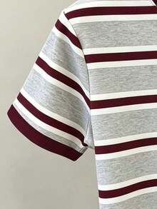RCamiseta casual de mujer de cuello redondo con estampado gráfico de rayas y bloques de color - Gris 2 - Ver 5