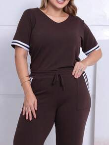 Women's Striped Set - Pants And Top In Lightweight Fleece With White Details - Comfortable Style - 鏽棕色 - 查看 2