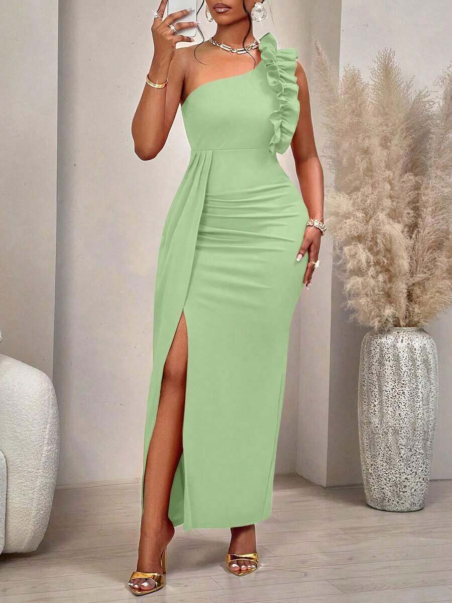 AIJ Vestido elegante de corte asimétrico con hombro descubierto, diseño fruncido y volantes, sin mangas, para mujer, unicolor, para fiestas, citas, fiestas de solteros, cenas formales o eventos de gala en otoño e invierno 2024 - Verde - Ver 1