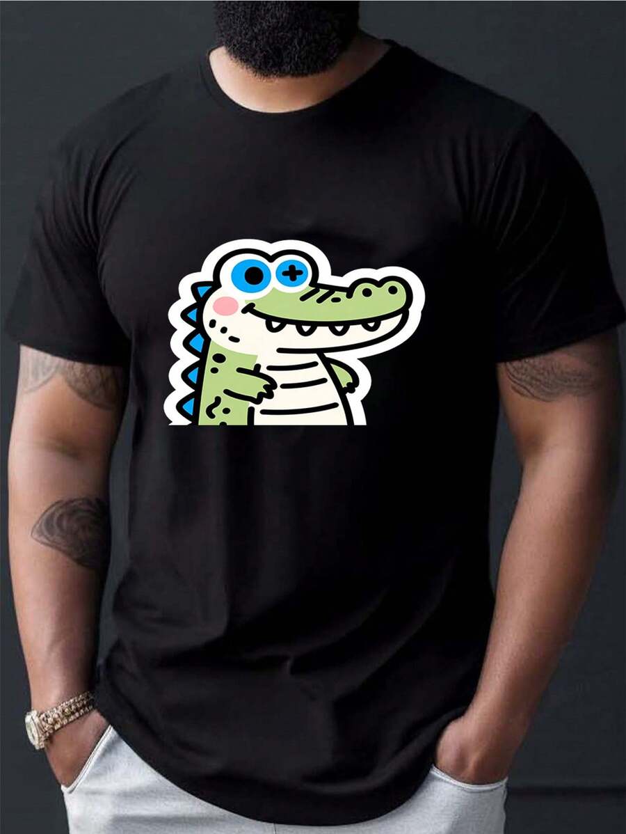 Camiseta de Hombre con Estampado de Cocodrilo de Dibujos Animados, Camiseta de Manga Corta con Estampado Animal para Adultos, Casual y Elegante - Negro - Ver 1