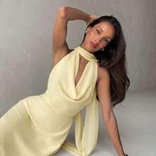 Women's Yellow Draped Neck A-Line Flowy Tie Back Dress,Summer Dresses For Women - Amarillo - Ver 1