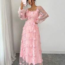 Elenzya Women's Elegant Retro Charming Princess Gentle Lady Net Yarn Long Sleeve Square Collar Waist A-Line Fluffy Hem Solid Color 3D Floral Embroidered Net Dress Fall Cloth For Women - Rosa - Ver 4