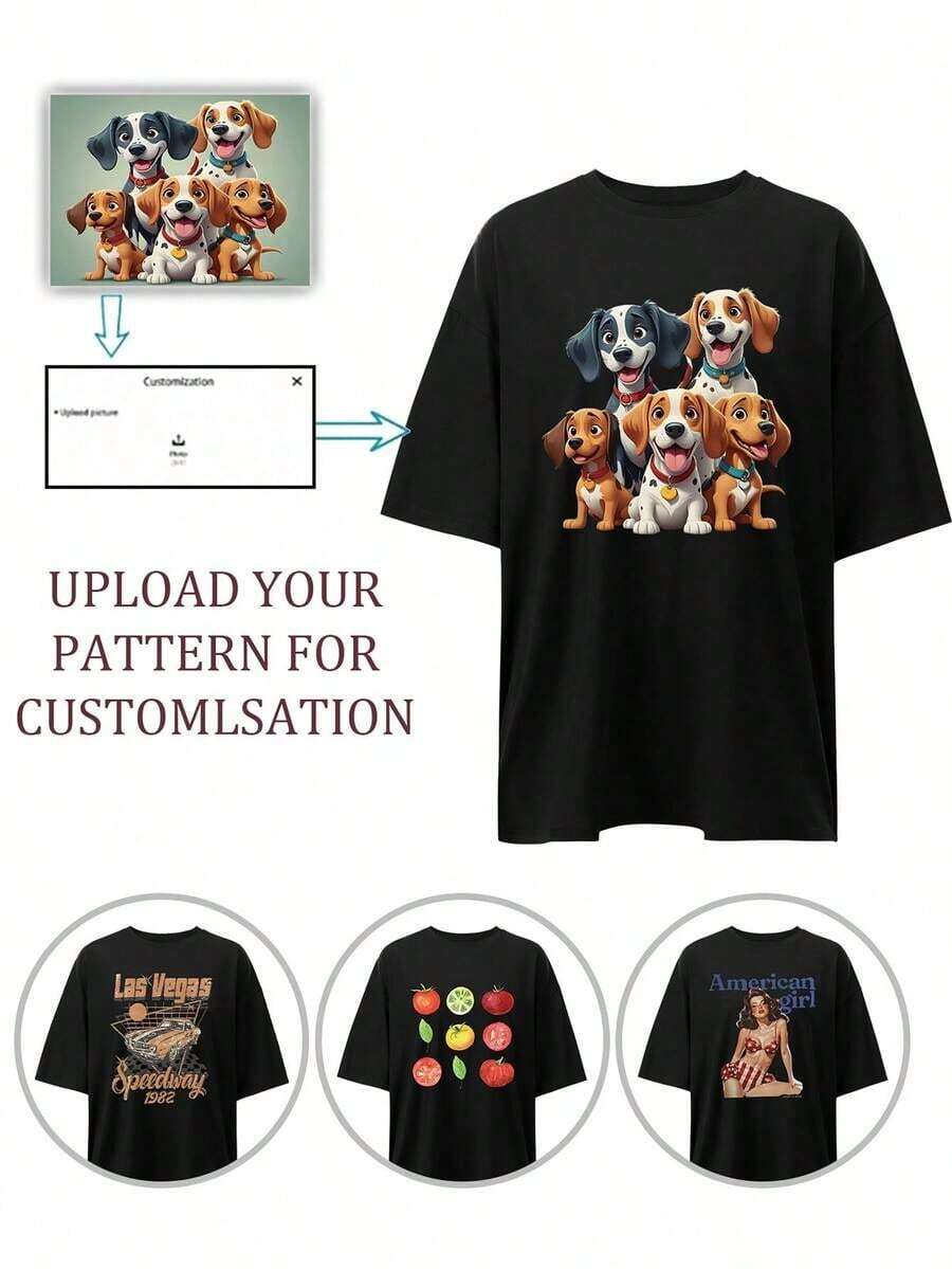 Regalo personalizado para Navidad, Acción de Gracias, Camiseta de mujer de manga corta - Agrega tu propia foto (retrato familiar/selfie/foto de mascota/grupo de amigos) para diseñar tu camiseta impresa personalizada, logo/negocio/boda/fiesta/cumpleaños, regalo/disfraz de Halloween/Navidad, impresión personalizada para aniversario, Día de San Valentín Casual Negro Verano - Negro - Ver 1
