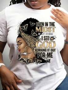 Camisetas gráficas de manga corta 1PS [Camiseta de talla grande con estampado de letras] Camiseta de talla grande con estampado de letras - Top casual de manga corta para primavera y verano - Ropa de mujer 100% algodón SUAVE 100% algodón - Blanco - Ver 4