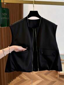 Chaleco corto sin mangas para mujer, con dobladillo de burbuja de unicolor fresco de otoño, cuello redondo con cremallera, de moda y versátil, ajustado negro de verano - Negro - Ver 5