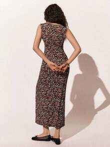 Vestido de verano con escote en V sin mangas con estampado floral diminuto para vacaciones en la playa - Multicolor - Ver 5