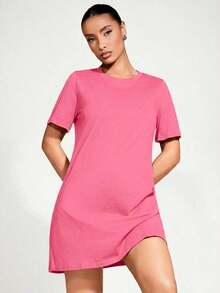 Vestido corto de mujer de unicolor para uso casual, diario y de fiesta - Rosa Fucsia - Ver 6