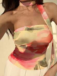 elegante y romántica con estampado de flores y teñido anudado, con volantes sin tirantes.Blusa floral romántica para verano, primavera, fiestas de San Valentín, playa y salidas - Multicolor 4 - Ver 8
