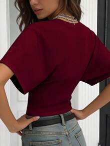 Camiseta blanca casual de mujer de cuello redondo y manga corta, holgada - Burdeos - Ver 4