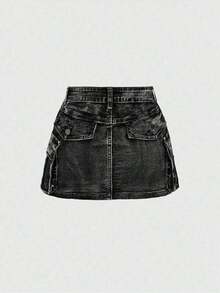 Kawaii Minifalda vaquera de cintura baja con cremallera y lavado vintage del estilo Y2K - Gris Oscuro - Ver 2