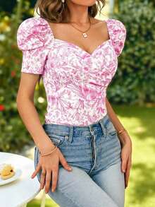 Blusa de mujer casual y elegante con estampado floral romántico y cuello en V, manga abullonada, para primavera/verano.Blusa floral de verano, blusa de primavera, blusa de manga abullonada, blusa floral, Blusa floral francesa suave del verano 2026 con cuello de corazón, manga abullonada y ajuste ceñido, blusa de manga corta linda para vacaciones, camisa delgada versátil para uso diario - Rosa 2 - Ver 3