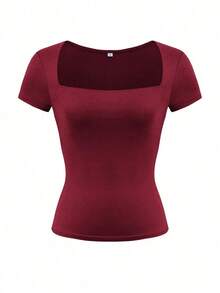 Camiseta de manga corta con cuello cuadrado de punto de unicolor, ajustada y sexy, estilo Y2K, para mujer Vaiaye, adecuada para actividades de primavera/verano y el Día de San Valentín - Burdeos - Ver 3