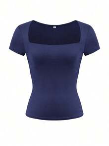 Camiseta de manga corta con cuello cuadrado de punto de unicolor, ajustada y sexy, estilo Y2K, para mujer Vaiaye, adecuada para actividades de primavera/verano y el Día de San Valentín - azul real - Ver 3
