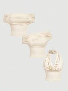 Set de 3 blusas de mujer de unicolor con pliegues, versátiles y de moda, para otoño/invierno, Navidad, Año Nuevo, hombros descubiertos, estética, festivales, campo, vacaciones en la playa, té, modestas, baile de graduación, lindas - Multicolor 5 - Ver 7