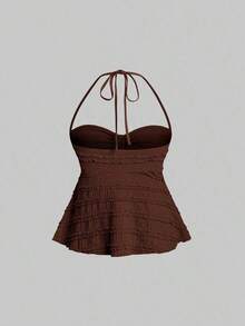 Tops halter con cordón en el busto de color sólido, estilo Y2K para mujeres - Café integral - Ver 2