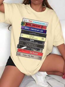 90s R&B Cassette Print T-Shirt, Women's Spring/Summer Clothing, Crew Neck T-Shirt, Women's T-Shirt, Women's Summer Short Sleeve Top, Women's Spring/Summer Sets - 杏 - 查看 2