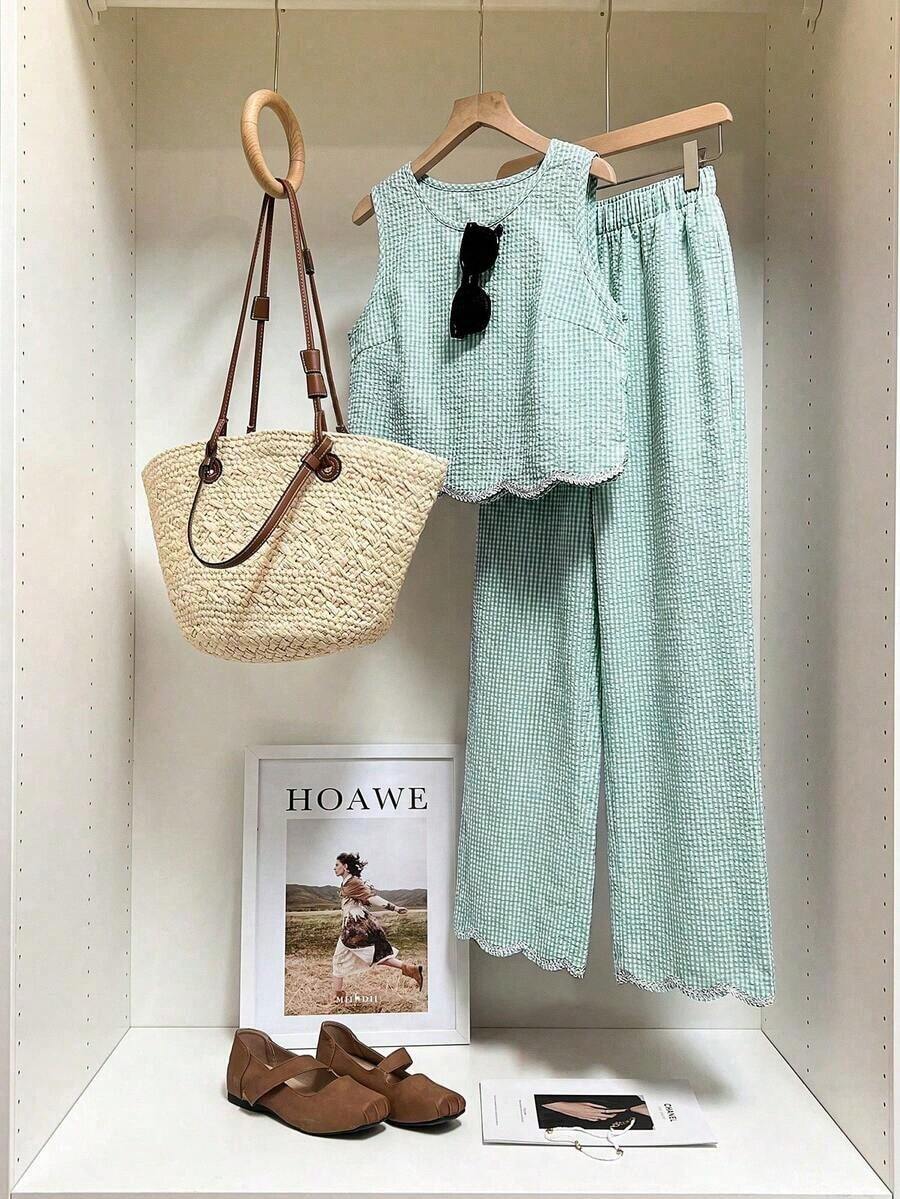 Frenchy Conjunto de 2 piezas de top sin mangas de cuello redondo a cuadros y pantalones para mujer - verde menta - Ver 1