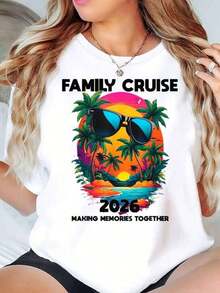 Women's Plus Size T-Shirt For Holidays In Llaya, 220g, With Tropical Sunset Print, Palm Trees And Sunglasses, Round Neck, Casual And Comfortable, For Family Memories On A Cruise In 2026 - 白色 - 查看 1