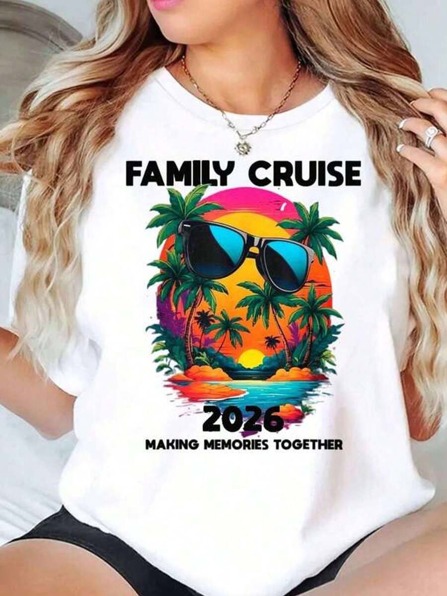 Women's Plus Size T-Shirt For Holidays In Llaya, 220g, With Tropical Sunset Print, Palm Trees And Sunglasses, Round Neck, Casual And Comfortable, For Family Memories On A Cruise In 2026 - 白色 - 查看 1