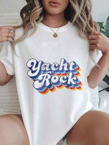 Camiseta Casual de Mujer con Estampado de Ondas Coloridas de Yacht Rock, Adecuada para Todas las Temporadas  
 Blanco. Adecuado para primavera, verano y otoño. - Blanco - Ver 2