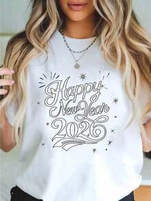Camiseta de manga corta para mujer, con un diseño estampado elegante, casual y versátil, tiene un corte holgado y cómodo, adecuada para vacaciones y uso informal, y también puede servir como atuendo para Halloween, el Día de Acción de Gracias, Navidad y cumpleaños. - Negro - Ver 7