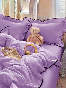 3 piezas Juego de ropa de cama de gasa con volantes (1*Funda nórdica + 2*Fundas de almohada), Suave y cómodo, Adecuado para dormitorio, Gran regalo - Lila Púrpura - Ver 4
