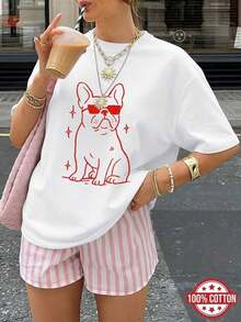 1 Piece Of Women's T-Shirt, Casual Loose Style For Spring/Summer, Artistic Style With Red Lines, French Bulldog Print, Short Sleeve, Round Neck, 100% Cotton,  Oversized T-Shirt With Dropped Shoulders [Chu K], Graphic Tees, Vintage Tees, 180g 100% Cotton (Sizes S-3XL) 180g Cotton 100%. - 白色 - 查看 11