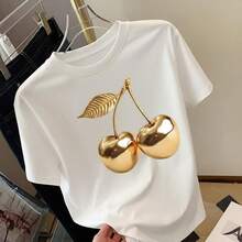 Camiseta de algodón de talla grande para mujer, top de manga corta y cuello redondo con estampado de cerezas doradas, corte holgado, camiseta casual para uso diario, tallas S-5XL disponibles, tela de algodón suave y transpirable, camiseta gráfica a la moda para mujeres con curvas, camiseta básica negra con diseño de frutas metálicas, transpirable y cómoda. - Blanco - Ver 11