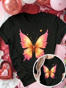 Classic Plus Size Women's Clothing, Pink And Gold Butterfly Wing Print T-Shirt - Cute Short Sleeve Crew Neck T-Shirt For Valentine's Day, Casual Shirt For Summer And Autumn, Ideal Gift For Women At Christmas And New Year (Machine Washable) Best Seller - 黑色 - 查看 7