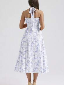 Long Dress With Adjustable Straps And An Elegant European-Style Print. - Blue - View 4