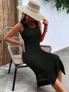 Vestido de punto con lazo en la cintura, casual de vacaciones, primavera/verano, unicolor, cuello redondo, sin mangas, con abertura, corto, ajustado, de vuelta al colegio, otoño, vestimenta digna para mujeres, vestido largo de fiesta de otoño para la playa - Negro - Ver 6