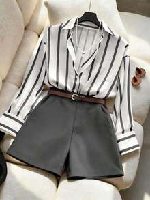 Conjunto de camisa holgada con rayas y pantalones cortos de talle alto en azul marino, conjunto de vestir minimalista y elegante para primavera/verano - Gris - Ver 3