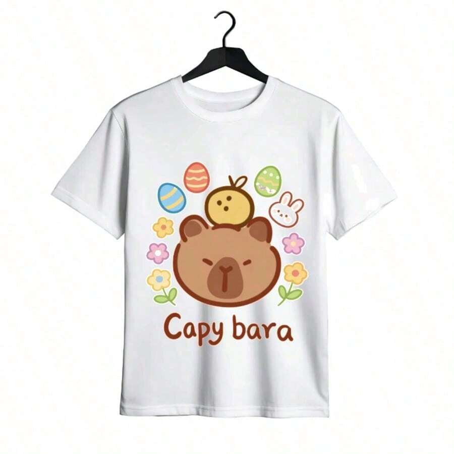 Tops para mujer con Estampado de Capibara para Mujer, Casual de Algodón de Manga Corta y Cuello Redondo para Uso Diario, Top Cómodo y Encantador para el Verano, Ropa de Verano para Mujer, Ropa de Vacaciones para Mujer, Tops para Mujer, Tops de Verano, Conjuntos de Verano, Ropa de Verano, Regalos de Pascua - Blanco - Ver 1