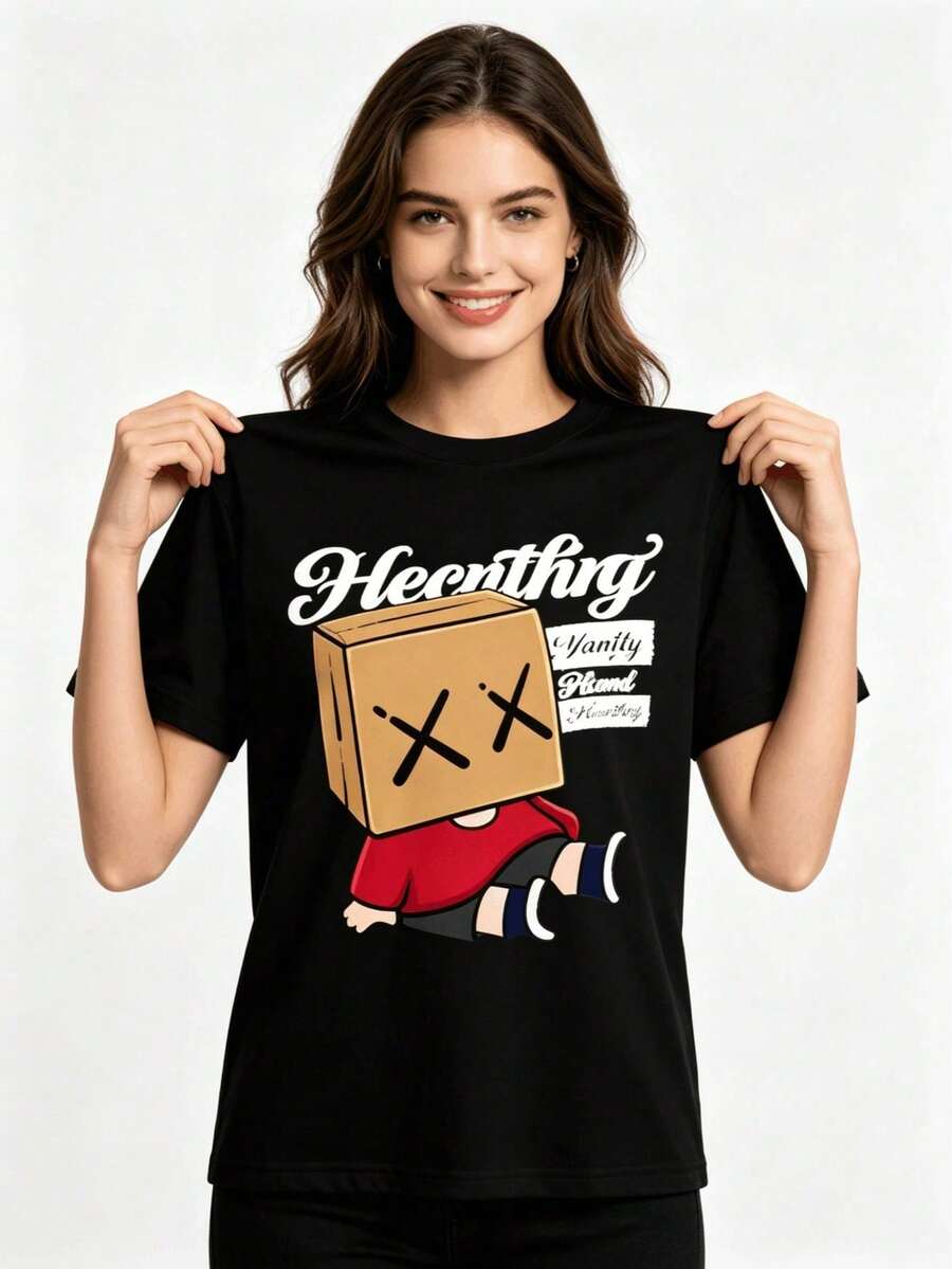 Tops para mujer de estilo streetwear de gran tamaño para adolescentes, con diseño de cabeza cuadrada de dibujos animados y mangas cortas de gran tamaño.Perfecto para fiestas de fin de semana, salidas con amigos, estilo urbano y uso casual diario. - Negro - Ver 1