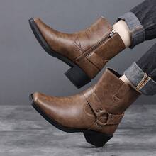 Men's Western Faux Leather Ankle Boots, Square Toe Metal Studded Harness Booties With Side Zipper Block Heel, Non-Slip Comfort Casual Cowboy Footwear - màu nâu - Xem 8